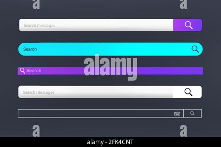 Set di barre di ricerca moderne. Campo di ricerca Internet dei modelli nel browser Web o nell'applicazione online. Ricerca nel pannello dell'interfaccia utente. Stringa per la ricerca online delle informazioni Illustrazione Vettoriale