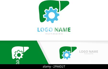 Combinazione di logo vettoriale di fegato e ingranaggio. Esclusivo modello di progetto per logotipo di organo interno. Illustrazione Vettoriale