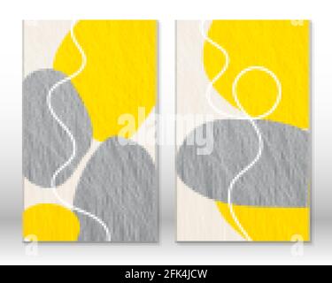 Colori giallo, grigio. Pittura astratta moderna. Serie di forme geometriche fluide. Forme di effetto acquerello disegnate a mano. Arredamento di design per la casa. Stampa d'arte moderna Illustrazione Vettoriale