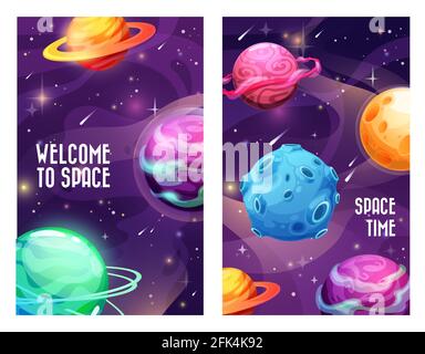 Pianeti spaziali e universo galassico, vettore cosmo cielo sfondo. Benvenuti a poster spazio con pianeti in galassia, meteoriti, comete e asteroidi, SA Illustrazione Vettoriale