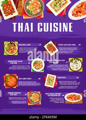 Menu ristorante thailandese. Polpette e pollo al cocco zuppa tom kha gai e basilico pollo pad kparow gai, gamberi noodle pad tailandese e fritto ric Illustrazione Vettoriale