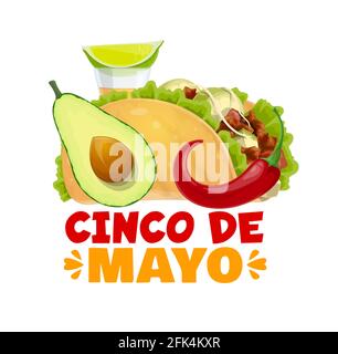 Cibo Cinco de Mayo, tacos vettoriali messicani, peperoncino rosso jalapeno, avocado e tequila in vetro con fettina di lime. Tradizionale too per le vacanze Illustrazione Vettoriale