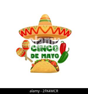 Cinco de Mayo sombrero e cibo, vacanze messicane tradizionale vettore tacos, cappello, maracas, peperoncino rosso e verde jalapeno e moustaches. Natio Illustrazione Vettoriale