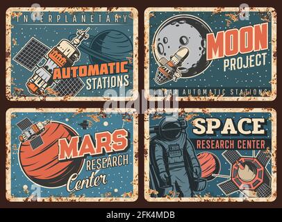 Spazio galassia metallo lastre arrugginite, astronauti e pianeti universo, vettore retrò poster. COSMOS e l'astronomia, astronomo nel centro di ricerca spaziale, Mars Illustrazione Vettoriale