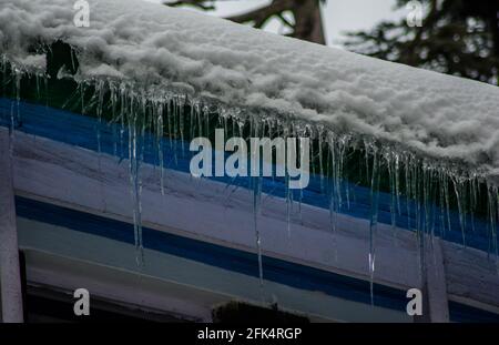 Dighe di ghiaccio con tetto freddo a Patnitop Jammu India, paesaggio invernale Foto Stock