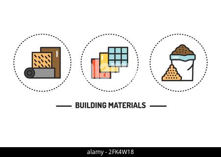 Set di icone della linea di colori dei materiali da costruzione. Pittogrammi per pagina Web, app mobile, promo. Tratto modificabile. Illustrazione Vettoriale