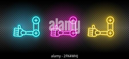 braccio idraulico, set di icone neon braccio industriale Illustrazione Vettoriale