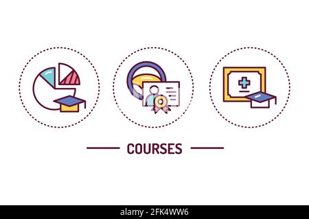 Informazioni sulle icone delle linee di colore dei corsi. Pittogrammi di contorno per pagina web, app mobile, promo Illustrazione Vettoriale