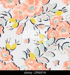 Modello vettoriale senza cuciture con bellissimi fiori di rosa selvatiche e la sua frutta Illustrazione Vettoriale