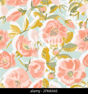 Modello vettoriale senza cuciture con bellissimi fiori di rosa selvatiche e la sua frutta Illustrazione Vettoriale