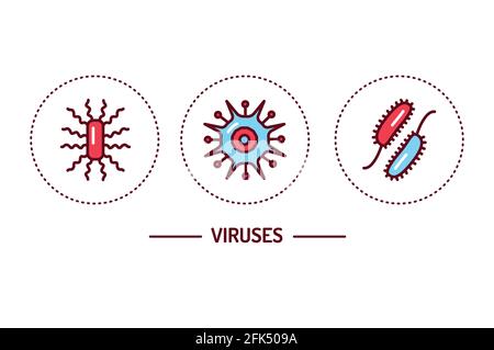 Virus concetto di icone di linee di colore. Elemento di colore contorno isolato. Tratto modificabile. Illustrazione Vettoriale