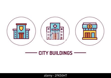 Concetto di icone a linee colorate degli edifici urbani. Elemento vettoriale isolato. Pittogrammi di contorno per pagina web, app mobile, promo. Illustrazione Vettoriale