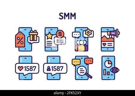 Set di icone di colore della linea di promozione per gli strumenti SMM. Elemento vettoriale isolato Illustrazione Vettoriale