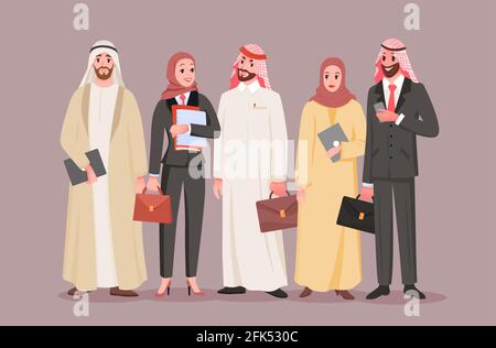 Team di lavoratori sauditi, azienda araba con personaggi di cartoni animati uomo donna dipendente Illustrazione Vettoriale