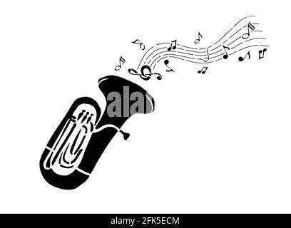 Icona strumenti musicali a vento. Silhouette di una tuba con note. Illustrazione vettoriale astratta Illustrazione Vettoriale
