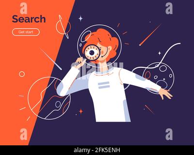 Concetto di ricerca. Illustrazione vettoriale che raffigura una giovane donna nella tuta dell'astronauta utilizzando una lente di ingrandimento Illustrazione Vettoriale