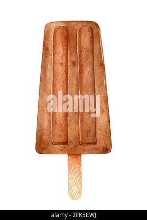 Gelato al cioccolato su un bastone isolato su sfondo bianco. Immagine di clipart disegnata a mano con acquerello. Perfetto per biglietti, menu, stampe, decorazioni, copertine. Foto Stock