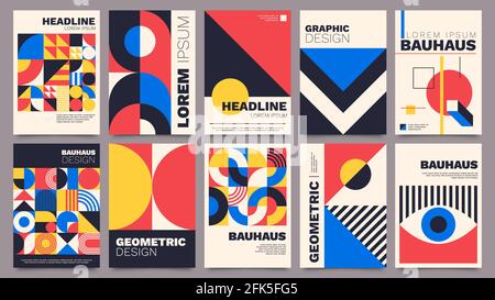 Poster geometrici. Modelli di copertina Bauhaus con geometria astratta. Architettura retrò minimo forme, forme, linee e eye design insieme vettoriale Illustrazione Vettoriale