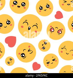 Emoticon motivo senza cuciture. Emoji Happy Faces per un divertente disegno di stampa. Emoticon cartoni animati, simboli dei messaggi e icone sorridenti, sfondo vettoriale Illustrazione Vettoriale
