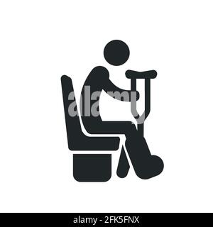 Seduto uomo disabile con una stampelle, icona nera dettagliata per i trasporti pubblici isolato su sfondo bianco Illustrazione Vettoriale