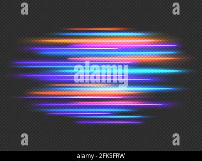 Effetto luci di velocità. Linee orizzontali dinamiche a movimento rapido al neon. Gara futuristica, sfocatura del movimento della luce notturna. Sfondo vettoriale a strisce veloci Illustrazione Vettoriale