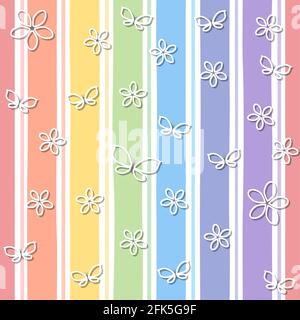 Motivo senza cuciture con farfalle e fiori sullo sfondo di colori arcobaleno. Illustrazione vettoriale. Stile piatto cartoon Foto Stock