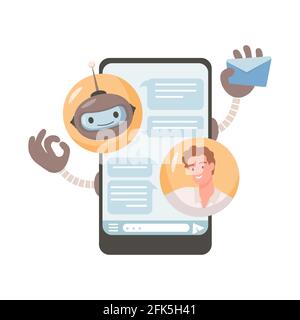 Illustrazione piatta del vettore di assistenza robotica online. Giovane uomo che chiacchiera con il robot in un'applicazione mobile. Servizio di assistenza, assistente automatico. Intelligenza artificiale e concetto di supporto online. Illustrazione Vettoriale