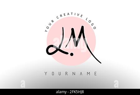 Lettere scritte a mano LM l m Logo con caratteri arrotondati e sfondo rosa circolare. Illustrazione di Creative Stamp Vector con lettere L e M. Illustrazione Vettoriale