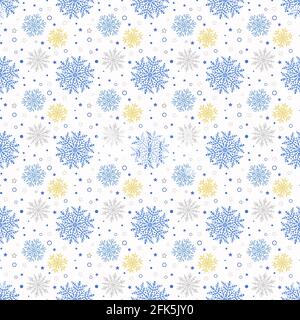 Sfondo invernale con piccoli e grandi fiocchi di neve blu e dorati. Sfondo astratto senza giunture. Modello con diversi fiocchi di neve Foto Stock