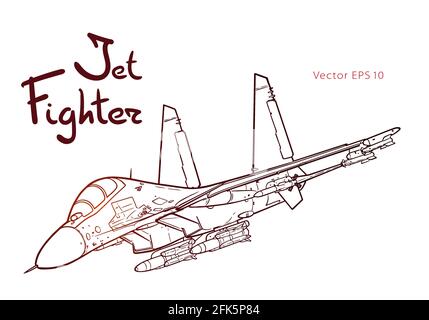 Volo del nuovo jet fighter russo. Disegno vettoriale a mano libera. Linee nere isolate su sfondo bianco. Illustrazione Vettoriale