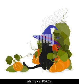 Un gatto nero nel cappello di una strega si trova in un mucchio di zucche di Halloween. Composizione degli angoli per adesivi, inviti e banner. Illustrazione vettoriale in c Illustrazione Vettoriale