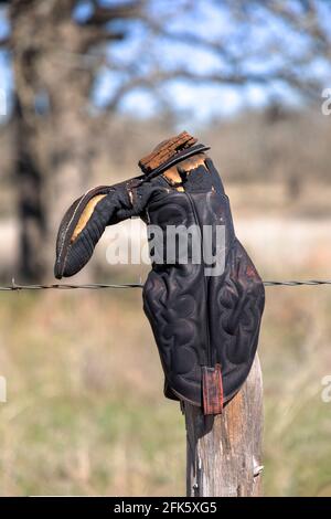 Vecchio stivale da cowboy appeso su una recinzione nel Texas Paese di collina Foto Stock