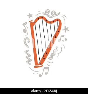Illustrazione vettoriale dell'arpa tradizionale arancione con lancetta nera disegnato in stile minimalista piatto tra creativi ornamenti grigi astratti e note come simbolo della musica classica Illustrazione Vettoriale