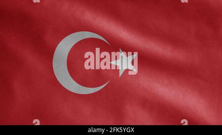 Bandiera turca che oscilla nel vento. Primo piano di soffiatura di banner tacchino, seta morbida e liscia. Tessuto tessuto tessuto tessitura segno sfondo. Usalo a livello nazionale Foto Stock