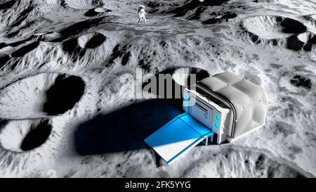 Base lunare, avamposto spaziale. Primo insediamento sulla luna. Missioni spaziali. Moduli viventi per la conquista dello spazio. rendering 3d Foto Stock