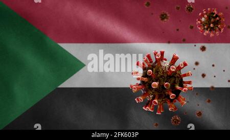 3D, bandiera sudanese che sventola con l'epidemia di coronavirus infettando il sistema respiratorio come influenza pericolosa. Virus di tipo influenzale Covid 19 con Sudan nazionale ba Foto Stock