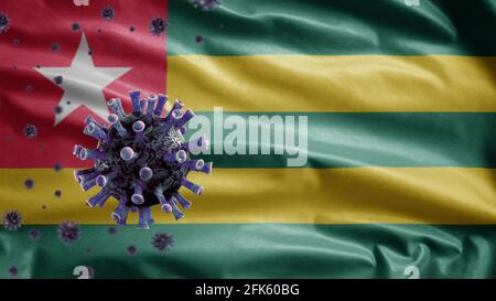 3D, Togolese flag waving e Coronavirus 2019 nCov Concept. Epidemia asiatica in Togo, coronavirus influenza come pericolosi casi di ceppo influenzale come pandemi Foto Stock