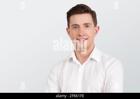 Uomo d'affari, professionista, primo piano ritratto isolato su bianco Foto Stock
