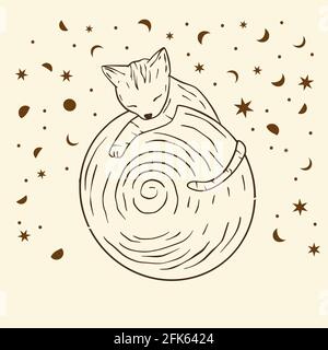Celestial gatto astrologia sacro boho esoterico linea art. Vivaio animale contorno art. Illustrazione Vettoriale