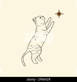 Celestial cute jumping gatto sacro astrologia boho esoteric linea art. Vivaio animale contorno art. Illustrazione Vettoriale