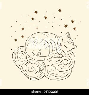 Celestiale gatto sacro astrologia boho esoterico arte. Vivaio animale cielo sognante arte Illustrazione Vettoriale