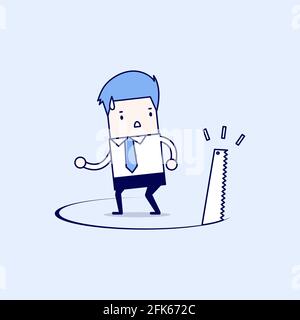 L'uomo d'affari ha un terreno tagliato sotto di lui. Vettore stile linea sottile carattere cartoon. Illustrazione Vettoriale
