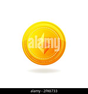 Moneta d'oro etereo. Moneta di blocco Crypto. Simbolo etereo isolato su sfondo bianco. Illustrazione Vettoriale