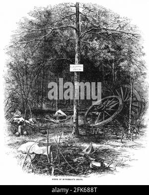 Incisione del luogo della morte del generale James BirdsEye McPherson durante la guerra civile americana. McPherson era nello staff generale di Henry Halleck e, più tardi, di Ulisse S. Grant e fu con Grant nella battaglia di Shiloh. Fu ucciso nella Battaglia di Atlanta, di fronte all'esercito del suo vecchio compagno di classe di West Point John Bell Hood, che ha reso un caloroso omaggio al suo personaggio. Foto Stock