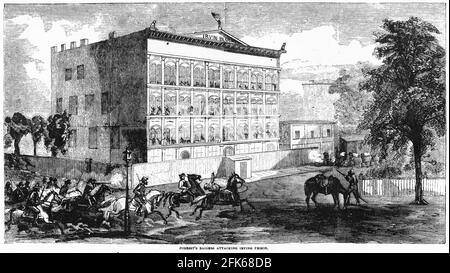 L'incisione dei Raiders del Forrest confederato attacknag Irving Prison durante la guerra civile americana. Nathan Bedford Forrest (1821 – 1877) è stato un generale dell'esercito confederato durante la guerra civile americana e il primo Gran mago del Ku Klux Klan dal 1867 al 1869. Foto Stock