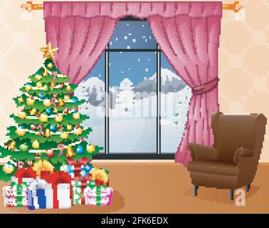 Interno del soggiorno natalizio con albero di Natale, regali e divano Illustrazione Vettoriale