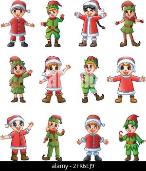 Illustrazione vettoriale della collezione di cartoni animati babbo natale bambini e. elfi in diverse posizioni Illustrazione Vettoriale