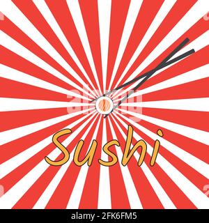 Logo Japan Cuisine. Chopstick di sushi con sashimi e sfondo rosso sunburst strip cibo giapponese. Disegno vettoriale e illustratore. Illustrazione Vettoriale