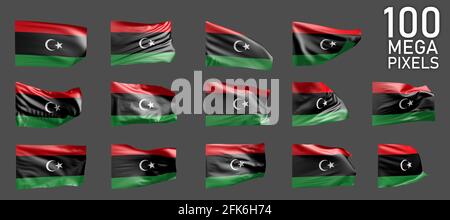 Bandiera della Libia isolata - rendering realistici diversi dell'ondeggiamento Flag su sfondo grigio - oggetto illustrazione 3D Foto Stock
