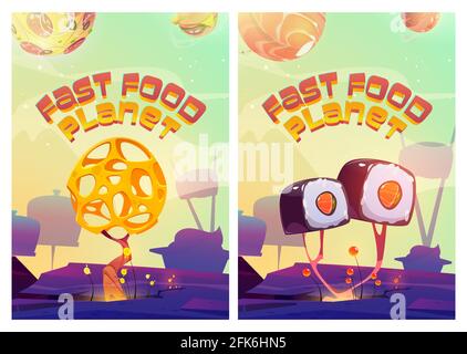 Poster del pianeta fast food con paesaggio fantasy con sushi e formaggi, pizza e pianeti hamburger in cielo. Vector cartoon volantino di ristorante, menu copertina o arcade banner di gioco Illustrazione Vettoriale